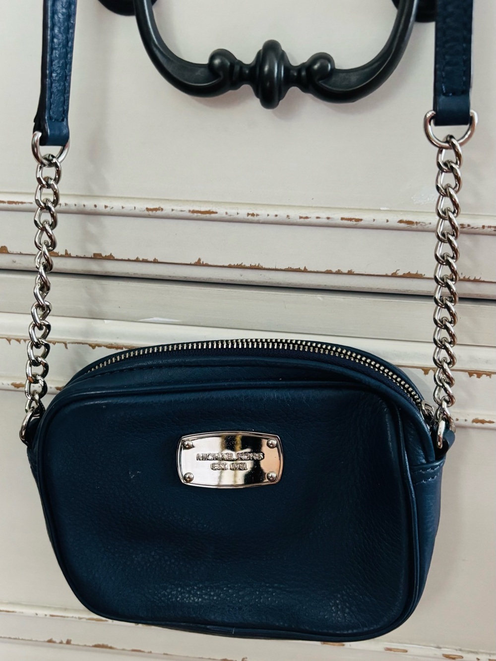 Michael Kors Navy Blue Leather Crossbody with Silver Chain